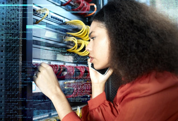 It technician phone call and black woman thinking and confused in server room data center for cable or system maintenance Double exposure information and female checking cybersecurity for internet