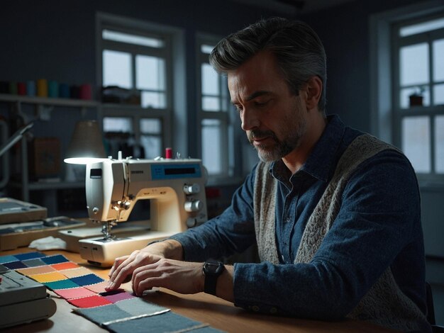 Photo it trainer sitting with a sewing machine and fabric sw_2