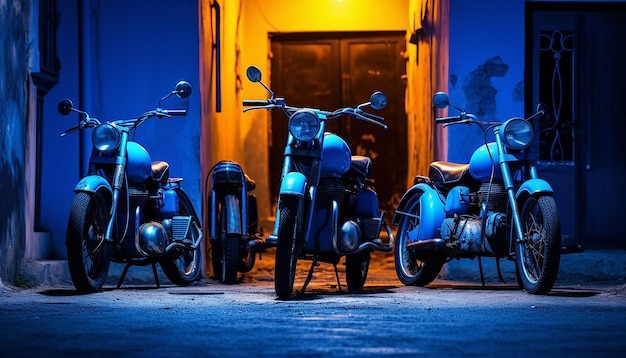 It was a blue motorcycle parked in a narrow alley