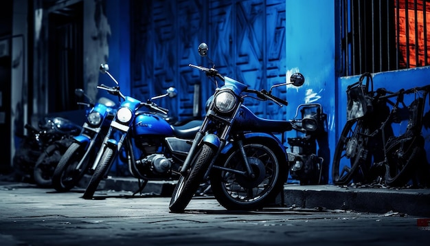 It was a blue motorcycle parked in a narrow alley