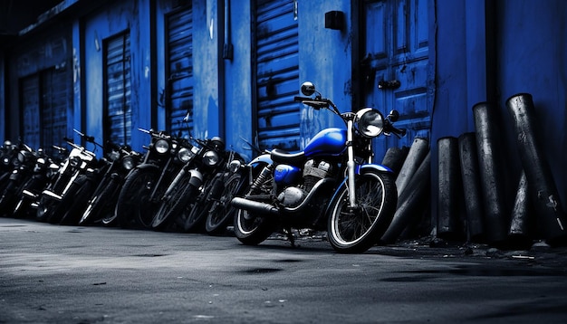 It was a blue motorcycle parked in a narrow alley