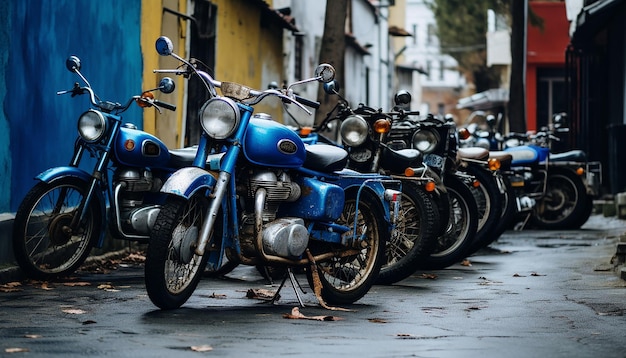 It was a blue motorcycle parked in a narrow alley