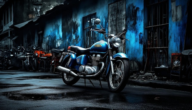 It was a blue motorcycle parked in a narrow alley