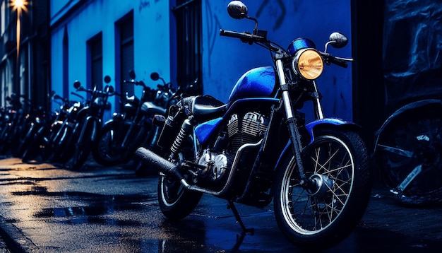 It was a blue motorcycle parked in a narrow alley