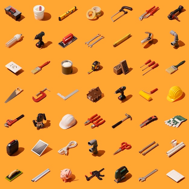 Photo do it yourself construction and home renovation background with isometric tools and objects