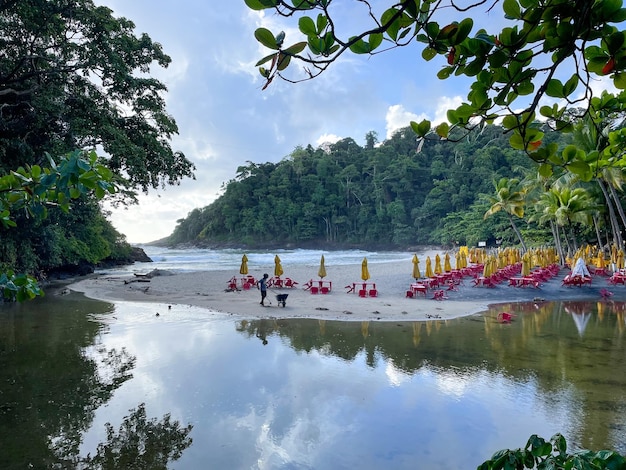 Itacare beach Bahia Brazil Village with fishing boats and vegetation