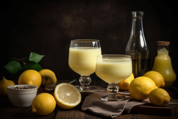 Italian alcoholic limoncello glass bottle Lemonade alcohol beverage sicilian drink Generate Ai