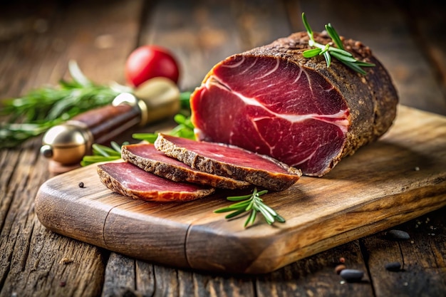 Italian antipasti rustic style with half a smoked bresaola and cut pieces on a chopping board