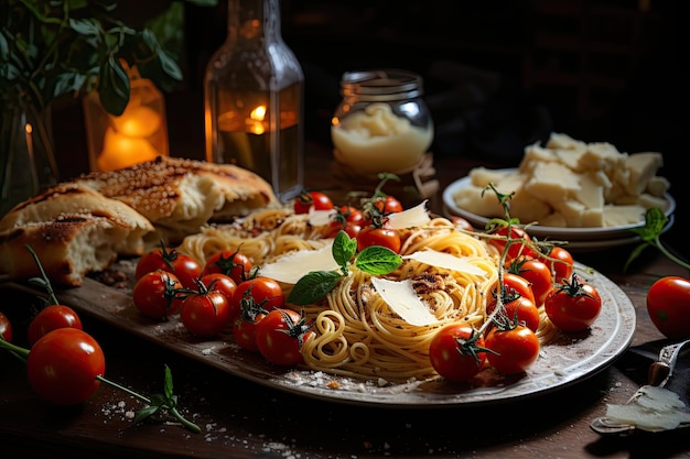 Italian banquet pizza and carbonara at a rustic table generative IA