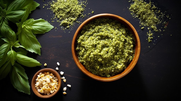 italian basil pesto sauce on black background