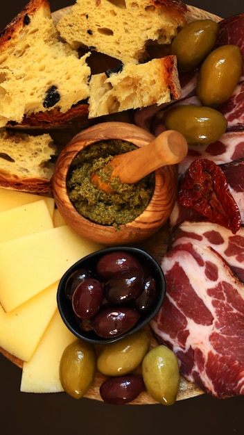 Italian board Cheese ham olives Italian bread