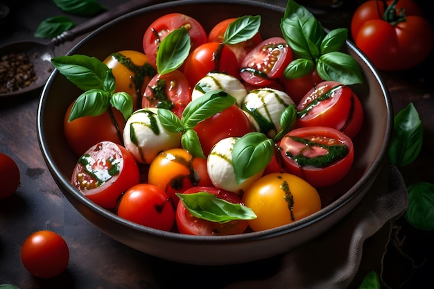 Italian caprese salad with sliced tomatoes mozzarella cheese basil and olive oil Neural network AI generated