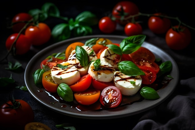 Italian caprese salad with sliced tomatoes mozzarella cheese basil and olive oil Neural network AI generated