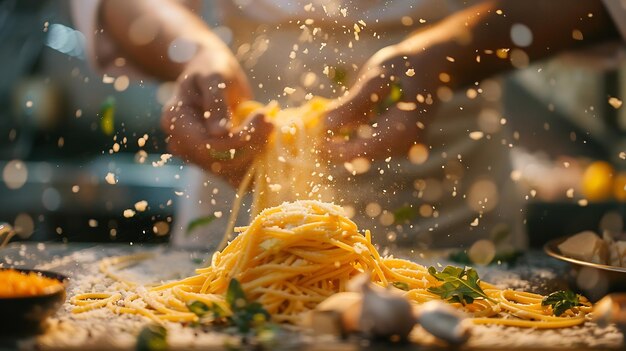 Photo italian chef preparing spaghetti with sauce generative ai