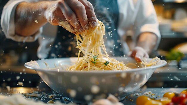 Photo italian chef preparing spaghetti with sauce generative ai