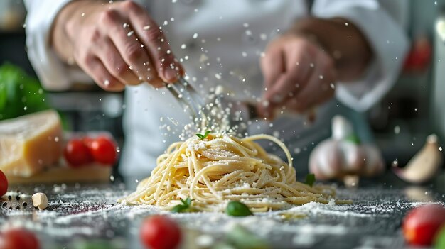 Photo italian chef preparing spaghetti with sauce generative ai