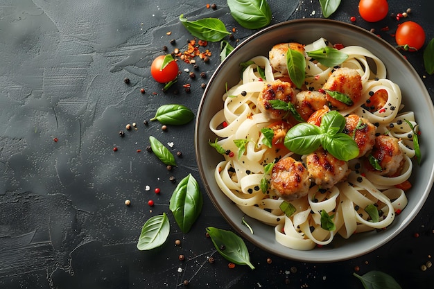 Italian Cuisine Fresh Tagliatelle with Chicken Meatballs and Basil Perfect for Culinary Designs and Food Blogs