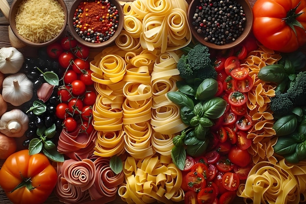 Italian Cuisine Ingredients Fresh Vegetables Pasta and Spices for Recipe Design and Food Posters