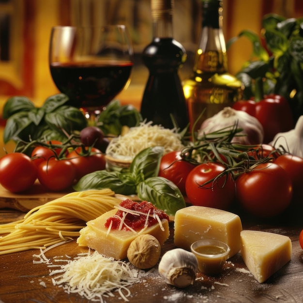 Italian Cuisine with Pasta Cheese and Tomatoes