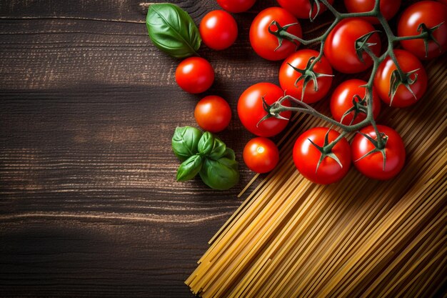 Italian culinary inspiration pasta tomatoes on rustic background copy space