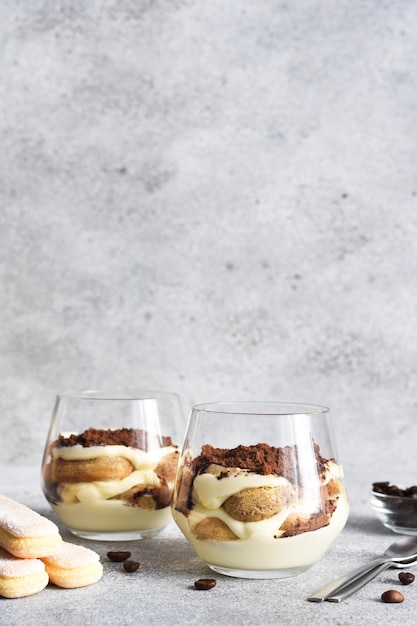 Italian dessert tiramisu in a glassxAClassic tiramisu with coffee on a concrete background