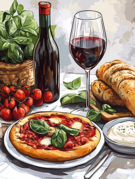 Photo italian dinner setting with pizza and wine