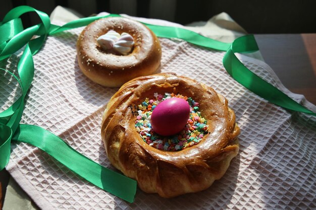 Italian Easter bread rings with eggs