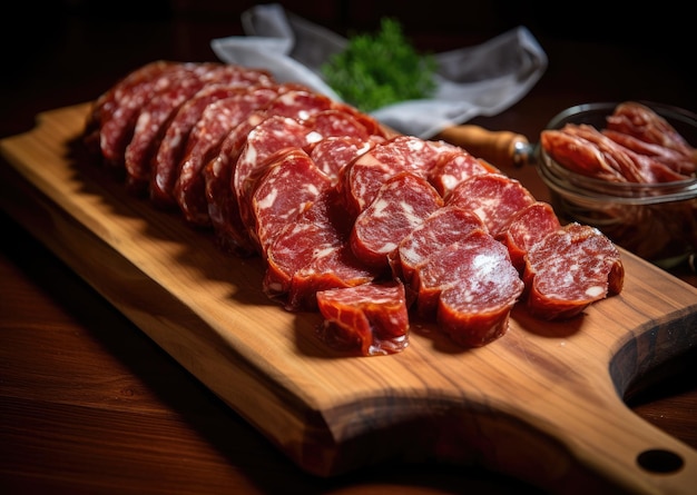 Italian Felino salami slices on a cutting board Italy