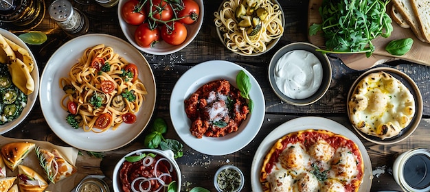 Italian Food Buffet From Above With Pasta Pizza Salads Bread And More