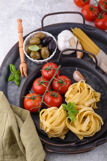 Italian food cooking background with pasta