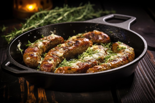 Italian herb and cheese infused homemade sausage cooked in a cast iron skillet