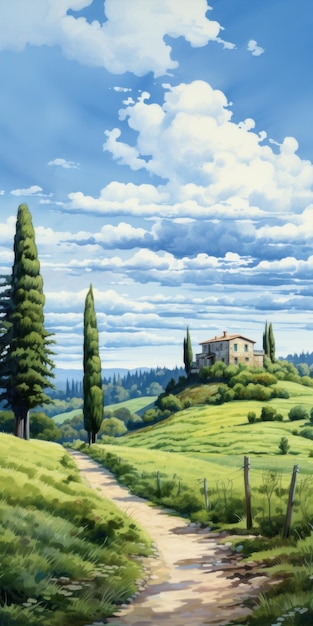 Italian Landscape Animecore Painting Of A Monumental Field And House