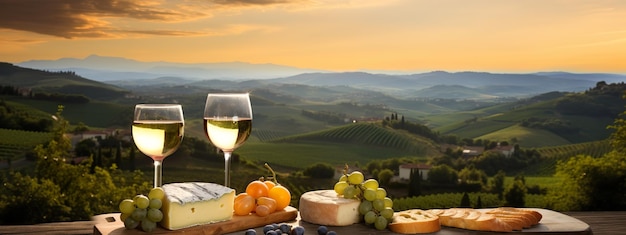 Italian landscape with cheese and wine