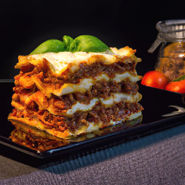 ITALIAN LASAGNE product shot, black bokeh background premium photo