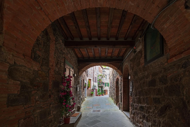 Italian medieval village details historical stone arch ancient gate old city stone buildings architecture Radicofani Tuscany Italy