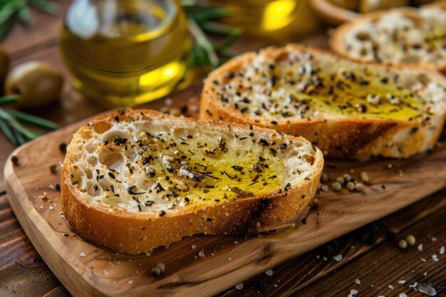 Photo italian olive oil bread slice seasoned with healthy olive oil on wooden background