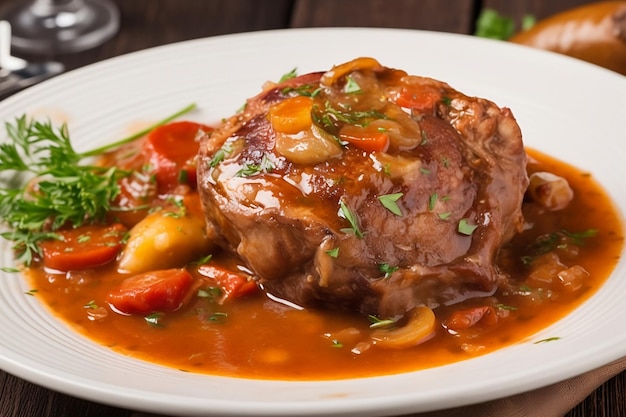 Italian Osso Buco A plate of food with a glass of wine on the side