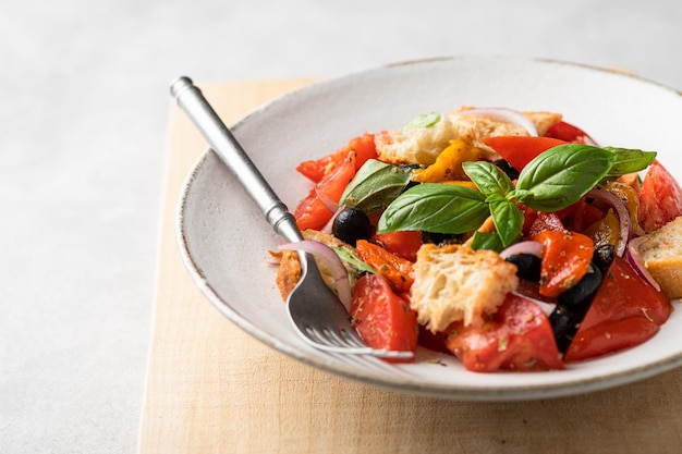 Italian panzanella salad with tomatoes and bread selective focus place for text