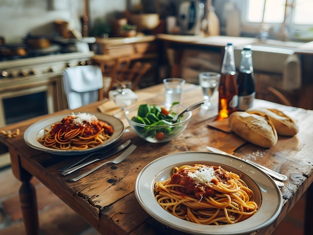 Photo italian pasta dinner with salad on wooden table