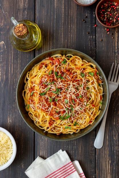 Italian pasta spaghetti bolognese. National cuisine. Recipe. Italian food.