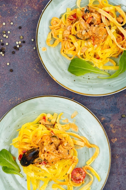 Italian pasta Tagliatelle with seafood