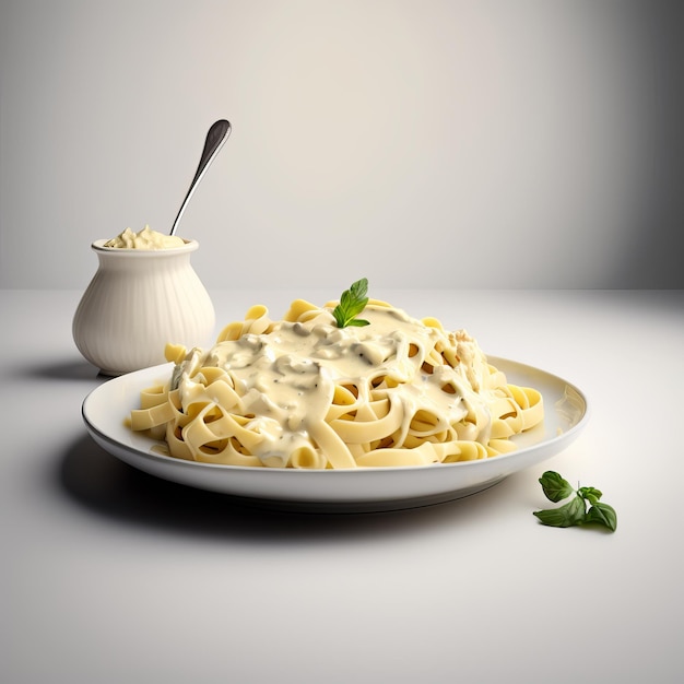 Italian pasta with cheese and alfredo sauce on white background