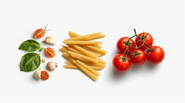 italian pasta with tomato and basil isolated on a white background