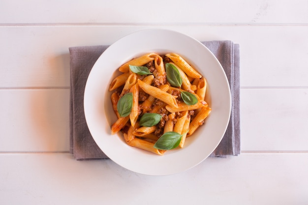 Italian Penne pasta with Bolognese sauce