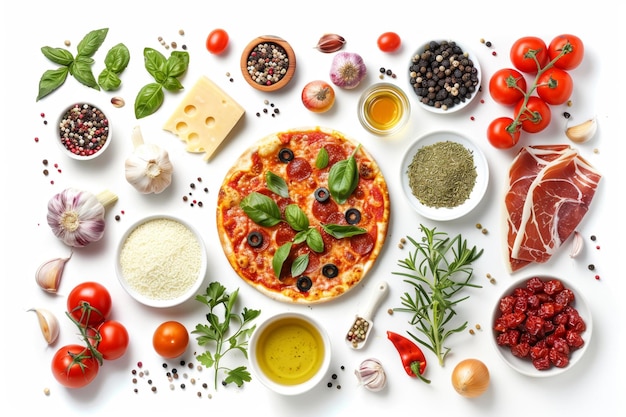 Italian pizza ingredients arranged around a pizza on white background