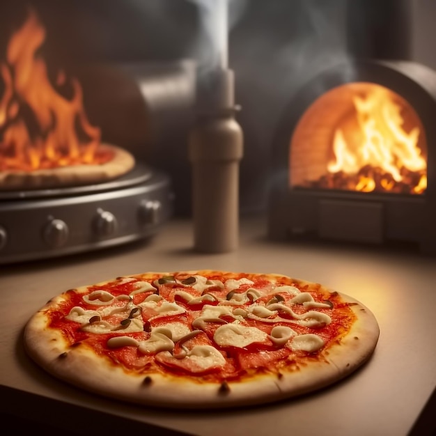 Italian pizza is cooked in a woodfired oven Fire on the background Generative AI