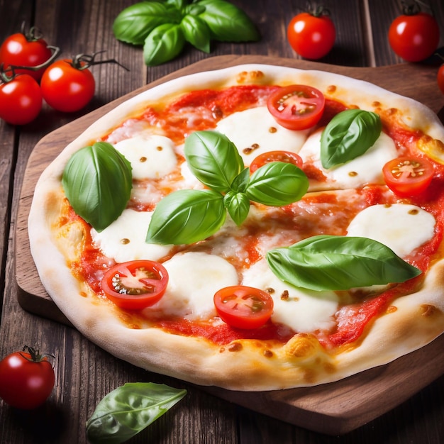 Italian Pizza Margherita with tomatoes and mozzarella cheese on wooden cutting board Generative AI