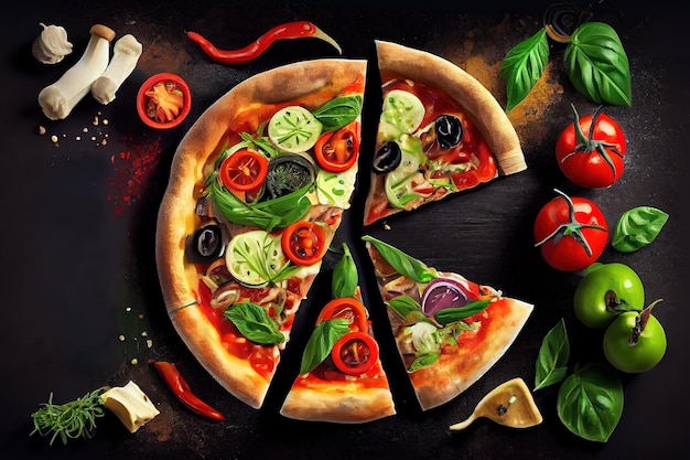 Italian pizza and pizza cooking ingredients on black concrete background Generative Ai