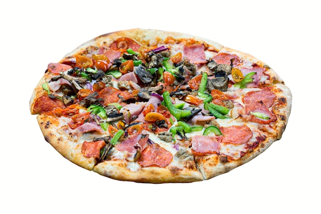 Italian pizza with bacon, cheese, cherry tomatoes, mushrooms, onion, garlic and paprika isolated on white background.