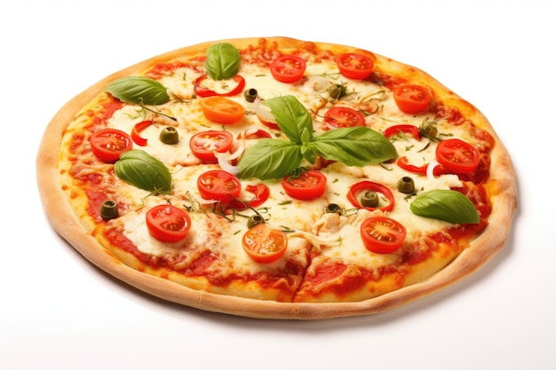 Italian pizza with melted mozzarella olives tomatoes fresh vegetables and basil on white background